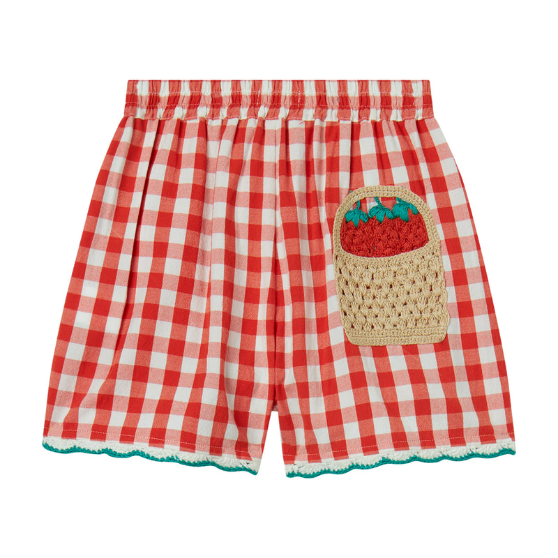 Girl Check Shorts | Crochet Strawberry Details