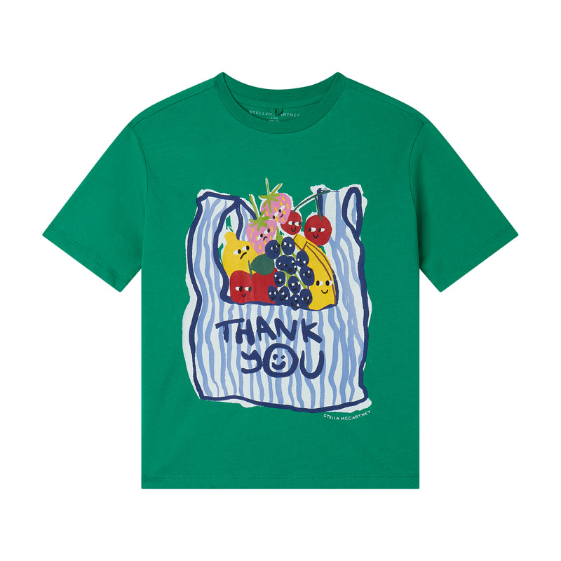 Girl SS T-Shirt with Thank You Fruits Bag Print | Green