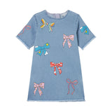Girl SS Denim Dress with Multicolor Bows Print
