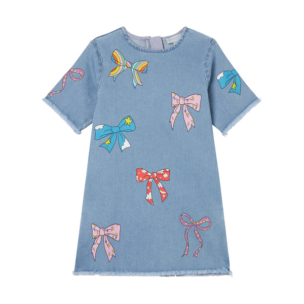 Girl SS Denim Dress with Multicolor Bows Print