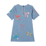 Girl SS Denim Dress with Multicolor Bows Print