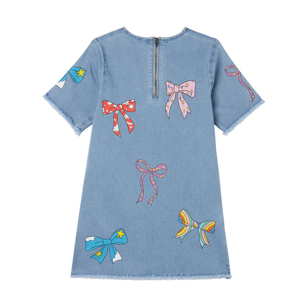 Girl SS Denim Dress with Multicolor Bows Print