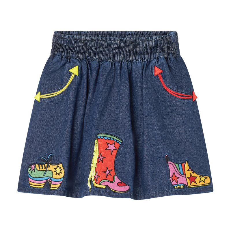 Girl Denim Skirt with Embroidered Shoes
