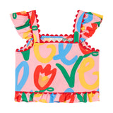 Girl Sleeveless Love Print Top with Frills