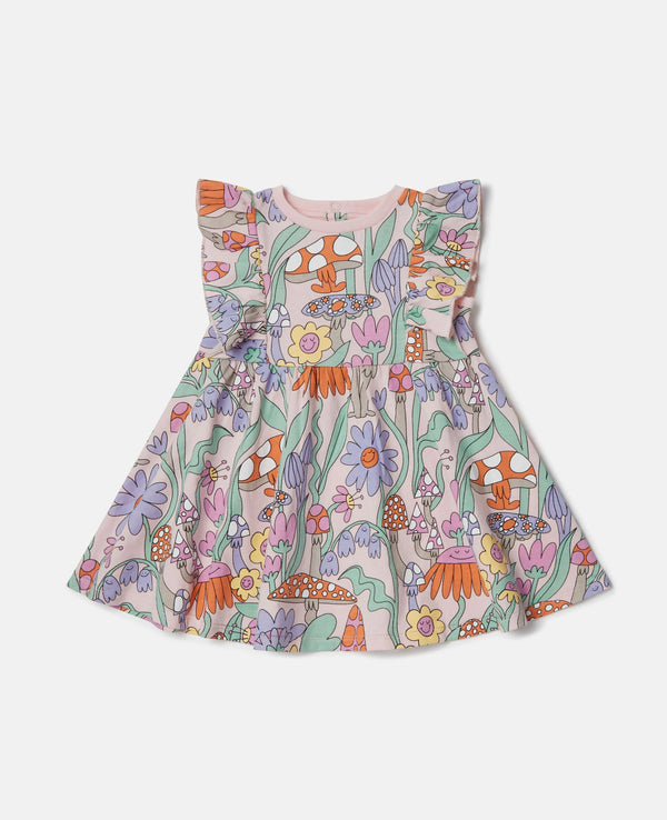 Woodland Print Pleated Cap-Sleeve Dress