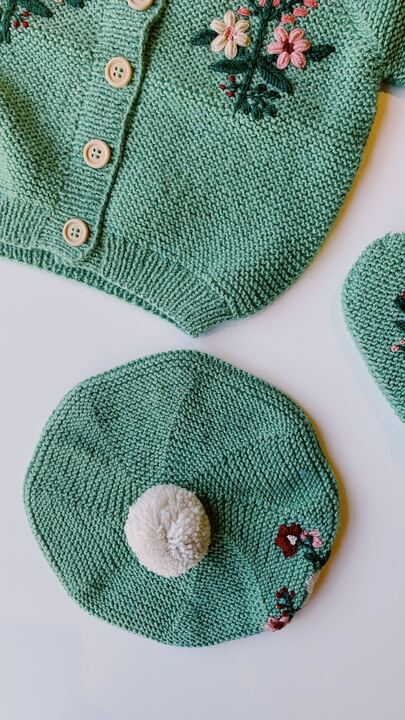 Embroidered Beret Hat | Green Floral