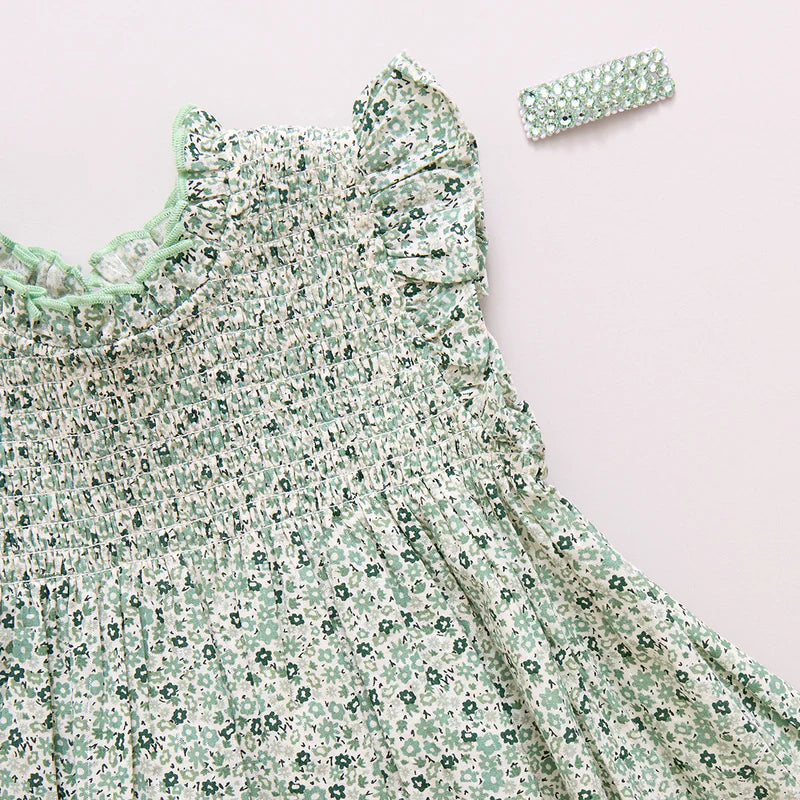 Girls Stevie Dress | Green Mini Ditsy