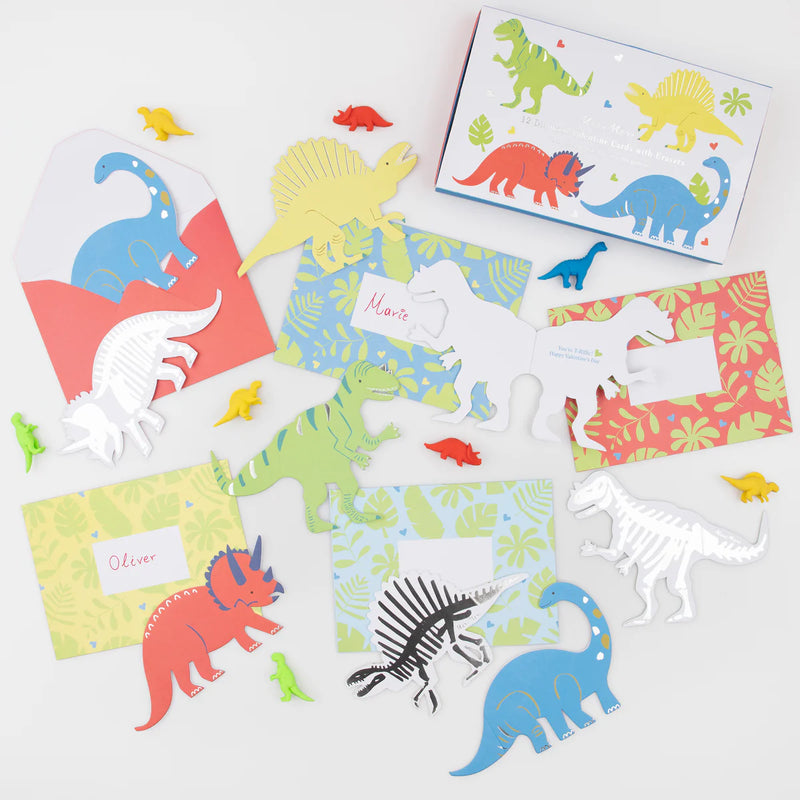 Dinosaurs Kids Valentine's Cards & Erasers Set