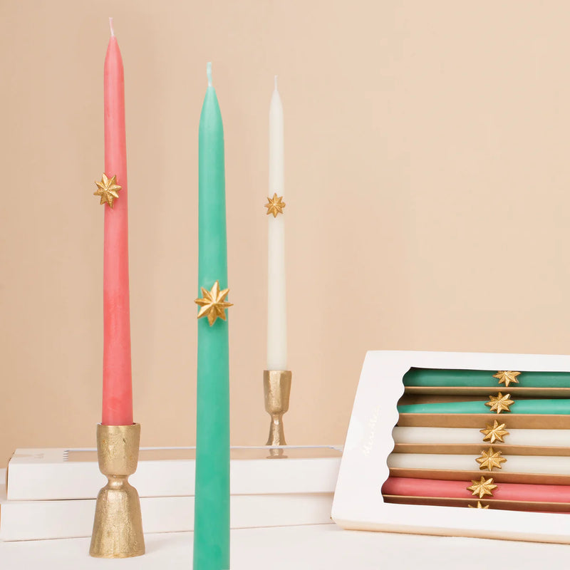 Mixed Gold Star Taper Candles (x 6)