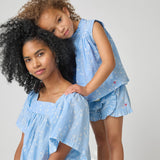 Girls Misha Top | Blue Dewdrop Block Print