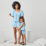 Girls Millie Ruffle Short | Blue Dewdrop Block Print