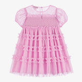 Smocked Tulle Dress w. Flower Embroidery