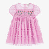 Smocked Tulle Dress w. Flower Embroidery