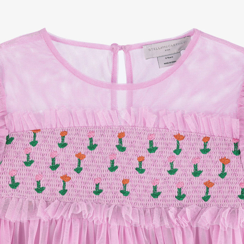 Smocked Tulle Dress w. Flower Embroidery