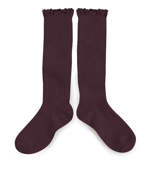 Lace Knee High Socks - Aubergine