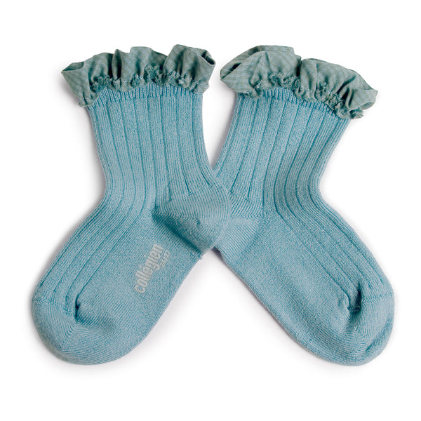 Brigette Gingham Ruffle Ankle Socks - Blue Azure