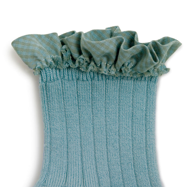 Brigette Gingham Ruffle Ankle Socks - Blue Azure