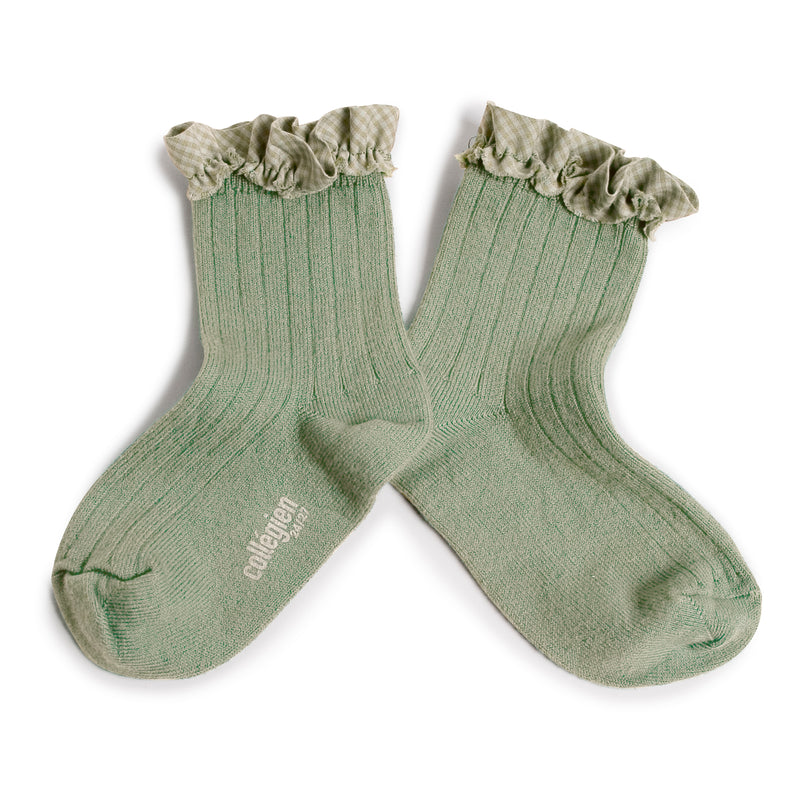 Brigette Gingham Ruffle Ankle Socks - Aquamarine