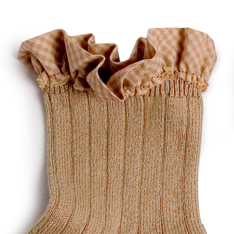 Brigette Gingham Ruffle Ankle Socks - Taupe