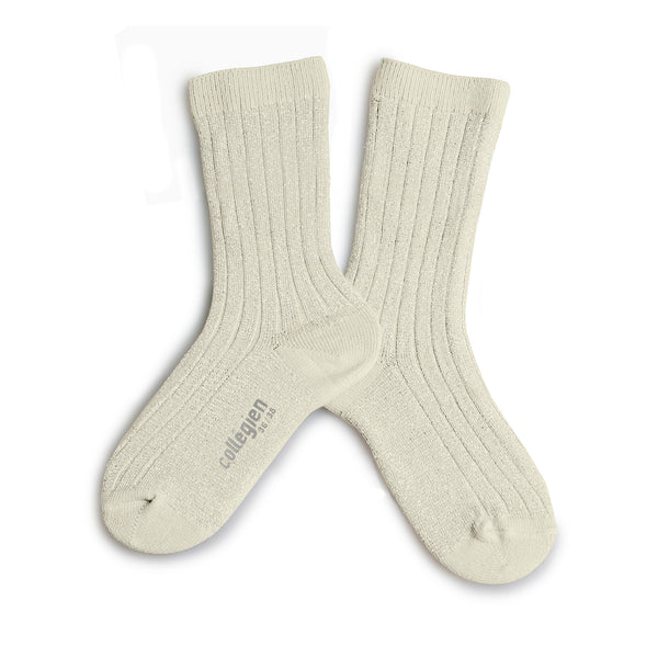 Womens Victorine Glitter Crew Socks w. Lace Trim | Cream