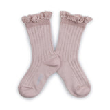 Womens Victorine Glitter Crew Socks w. Lace Trim | Antique Rose