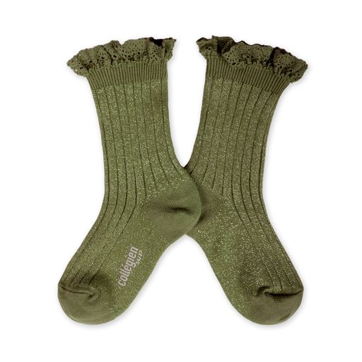 Victorine Glitter Socks w. Lace Trim | Olive