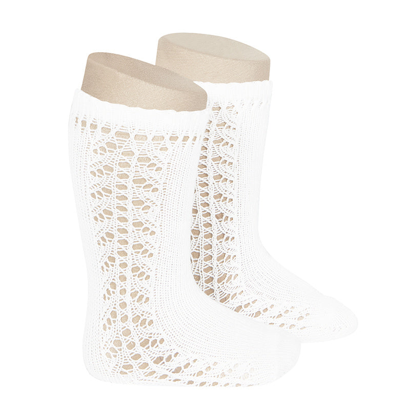 Side Crochet Knee Sock - White