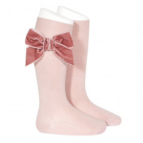 Knee Sock W/ Velvet Bow - Pale Pink